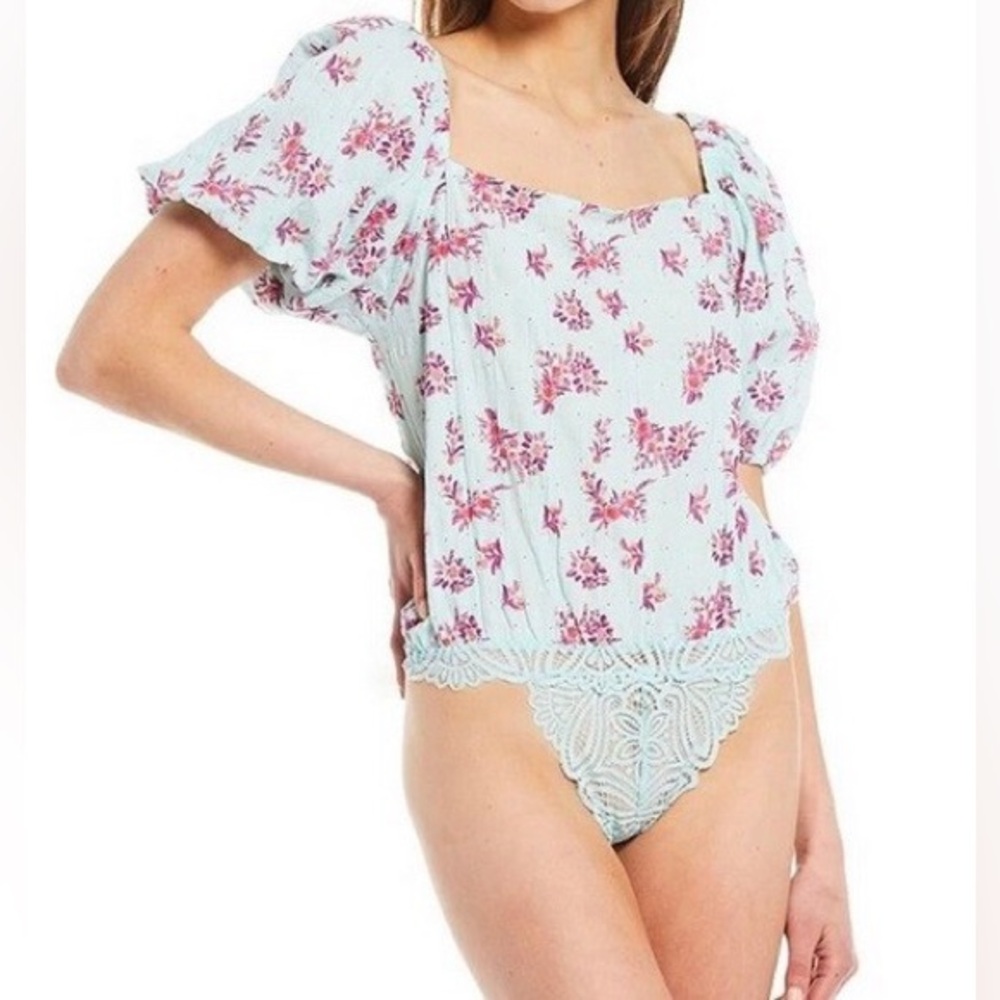 FREE PEOPLE ANGELA BODYSUIT CROCHET LACE FLORAL BLUEBERRY SIZE S